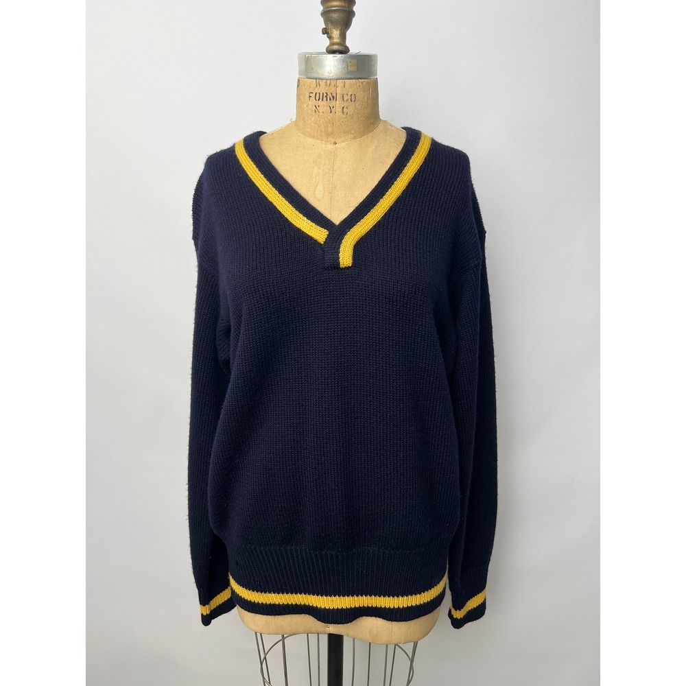 80s Vintage Polo Ralph Lauren Wool Varsity Sweater Navy Leather Elbow Patches L